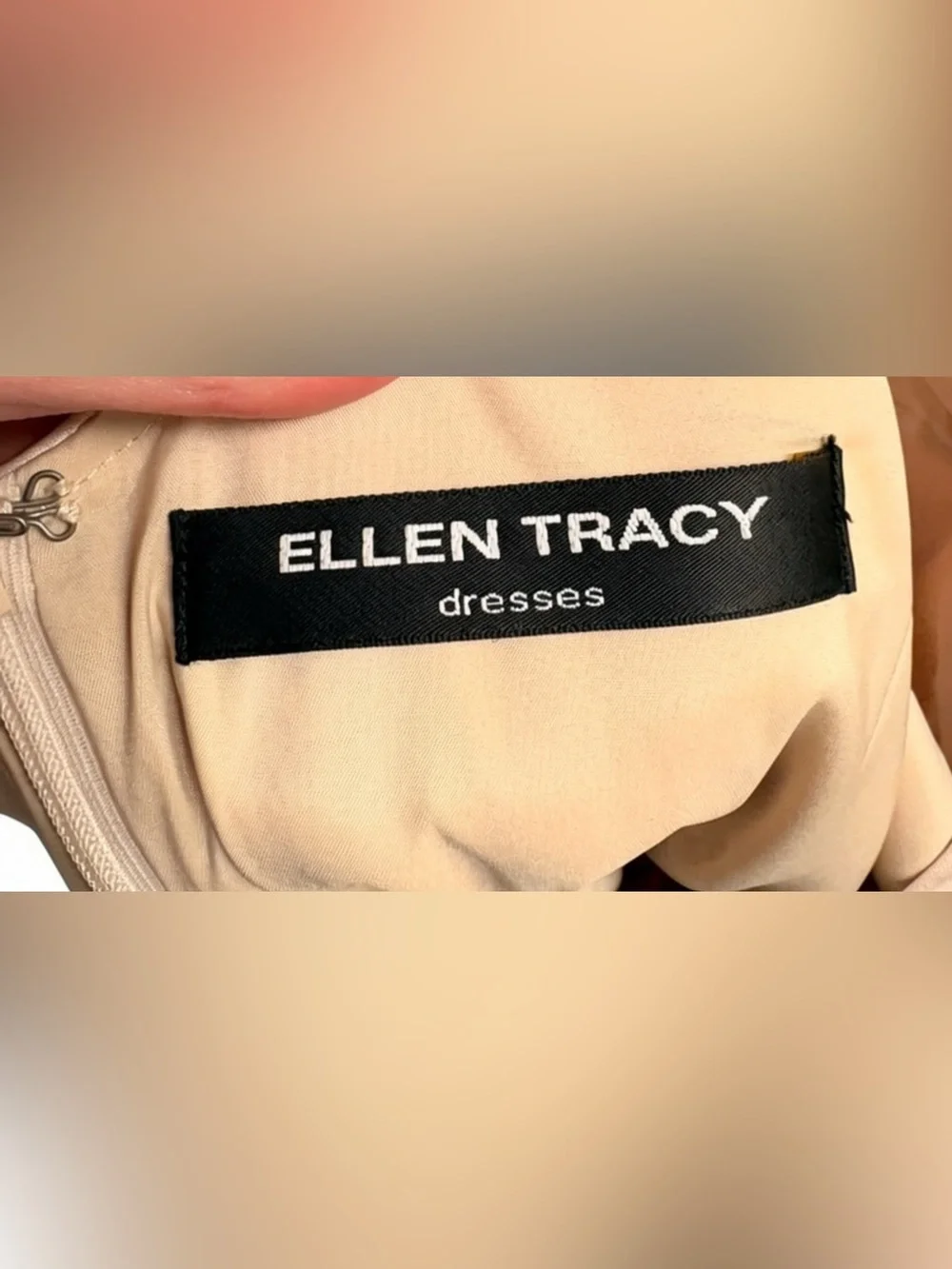 Ellen Tracy Champagne Satin Ruched Front V-Neck Cap Sleeve Sheath Dress